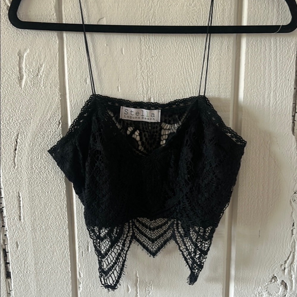 Stellah Black Asymmetrical Lace Crop Camisole
